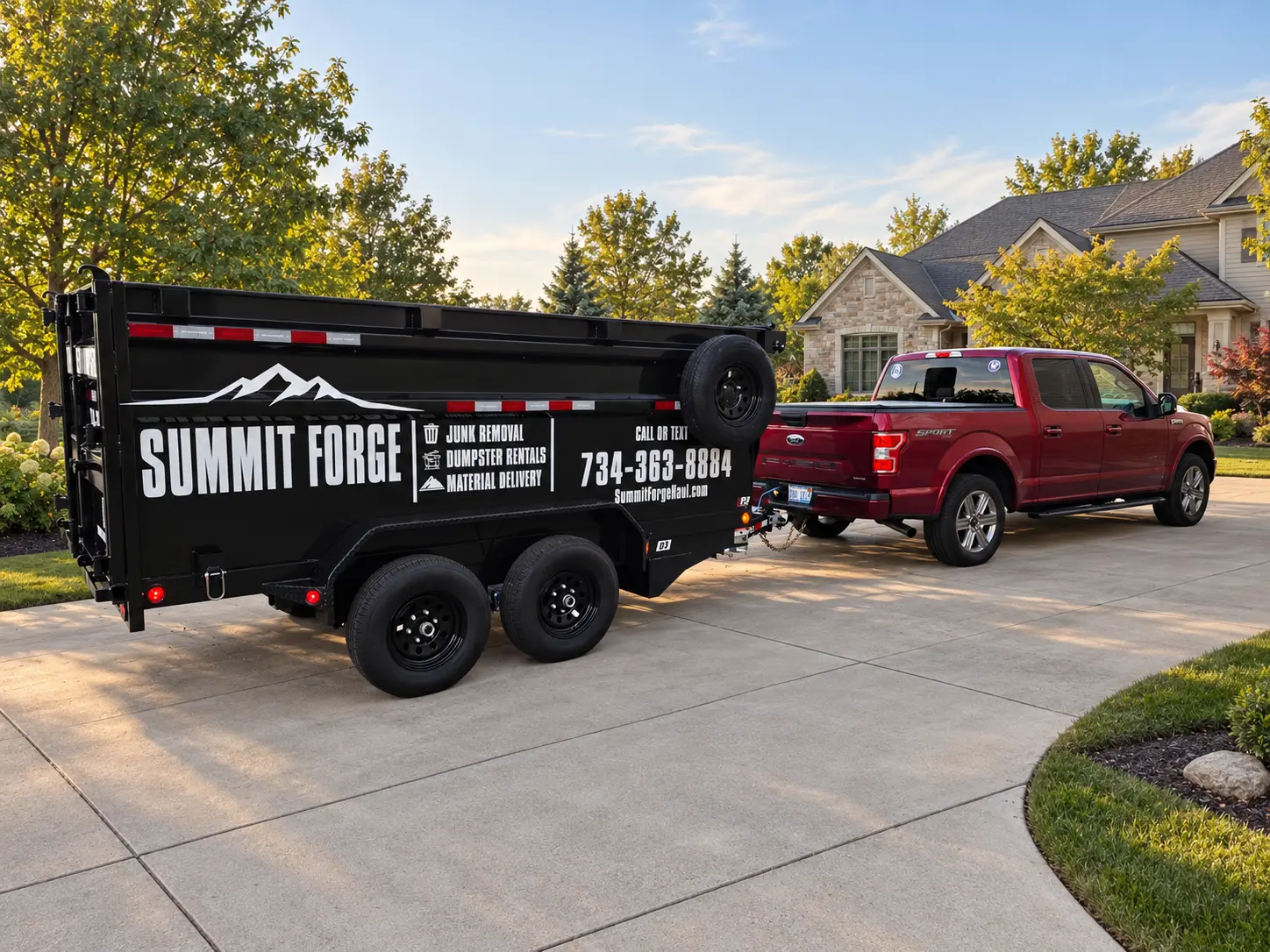 Summit Forge dump trailer and pickup ready for a Southeast Michigan project